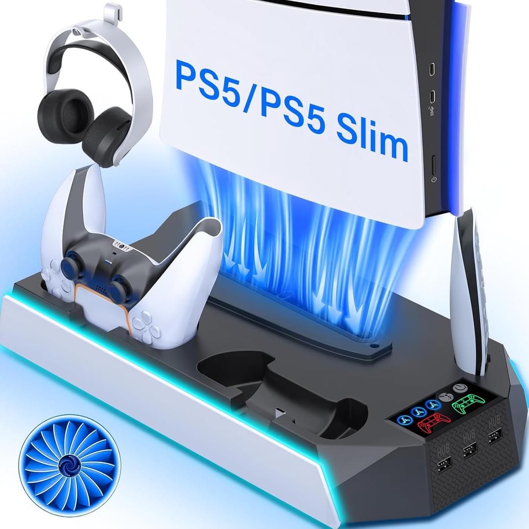 PS5/PS5 Slim Cooling Station with Controller Charging Station for PlayStation 5 Console Disc/Digital, PS 5 Cooling Stand Accessories with LED Light/Charger/Cooler Fan/3 USB Hubs/Headset Holder/Screw