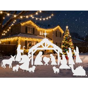 Geelin 15 Pcs 47 Inch Large Nativity Scene Yard Sign Stakes Christmas Religious Faith Garden Stakes Waterproof Xmas Outdoor Nativity Yard Decor with Stake for Xmas Holiday Lawns Outdoor Decor(White)