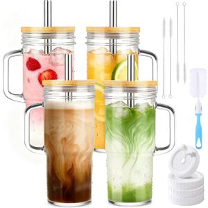 Birity Glass Cups with Lids and Straws,24oz Glass Tumbler With Handle,4 Pack Reusable Iced Coffee Cup with Lids-Mason Jar with Lid and Straw,Boba Cup for Cold & Hot Drinks,Smoothies Cup,Travel Mug