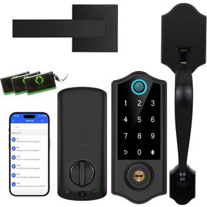 Harfo Fingerprint Smart Door Lock for Front Door with Handle Set, App Control, Keyless Entry Keyless Deadbolt, Digital Electronic Touchscreen Keypad, Auto Lock, Easy to Install, Black