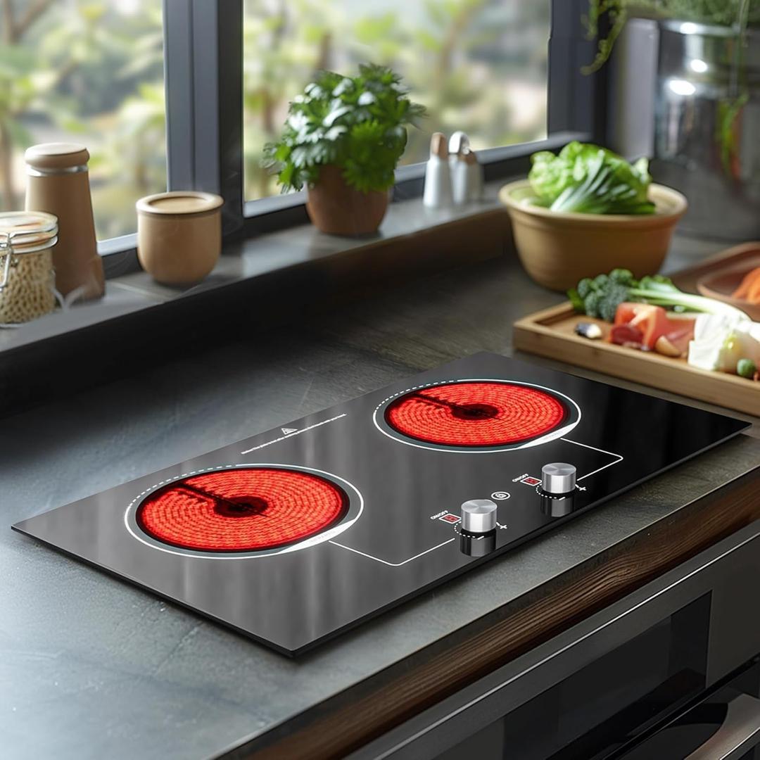 ADVWIN Electric Cooktop, 2 Burner Knob Control Plug in Built-in Ceramic Electric Stove Top with Child Safty Lock & Timer & Over-Temperature Protection & 10 Power Setting (2burners)