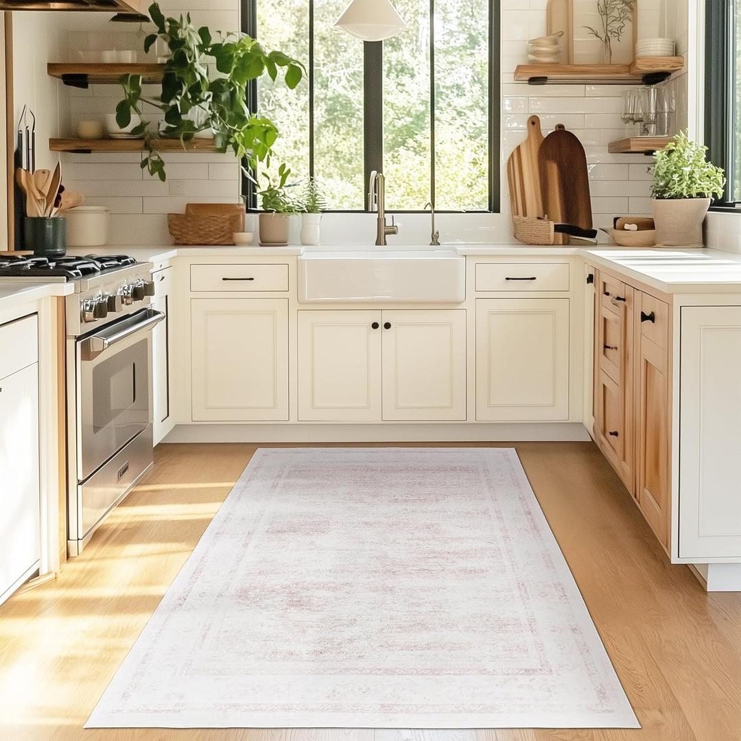 4x6 ft Area Rug Pink  Boho Indoor Rug, Machine Washable, Low Pile, Non-Slip, for Living Room, Bedroom, Dining, Office, Playroom