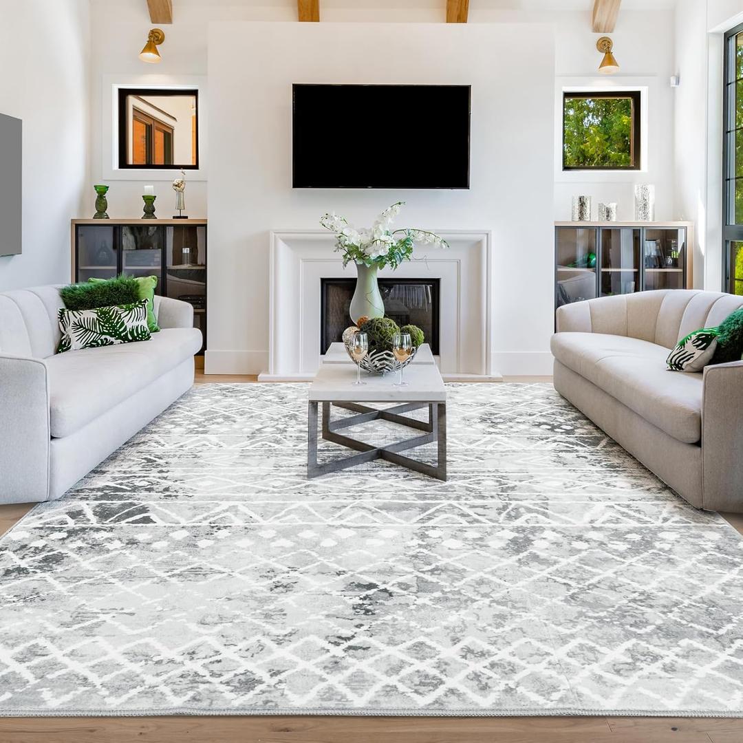 8x10 Washable Geometric Area Rug for Living Room Non Slip Boho Moroccan Bedroom Rug Indoor Farmhouse Floor Mat Soft Low Pile Woven Carpet for Classroom Office Under Dining Table(Gray) (Grey)