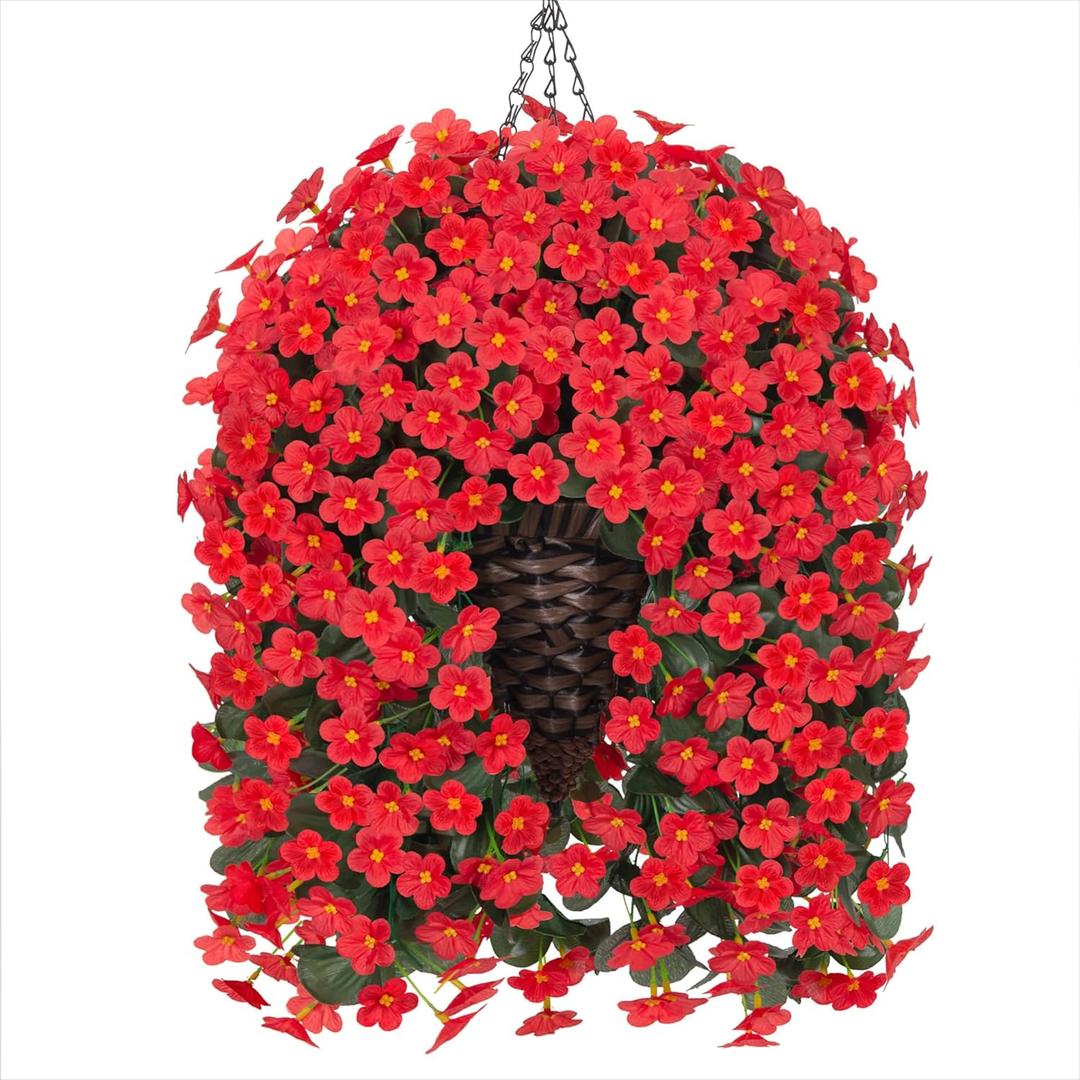 HyeFlora Artificial Fake Red Hanging Flowers Plants Basket for Outdoor Outside Winter Christmas Decor, Faux Silk Daisy Flower Look Real UV Resistant Orchid Vine Plant for Porch Garden Yard Patio Home