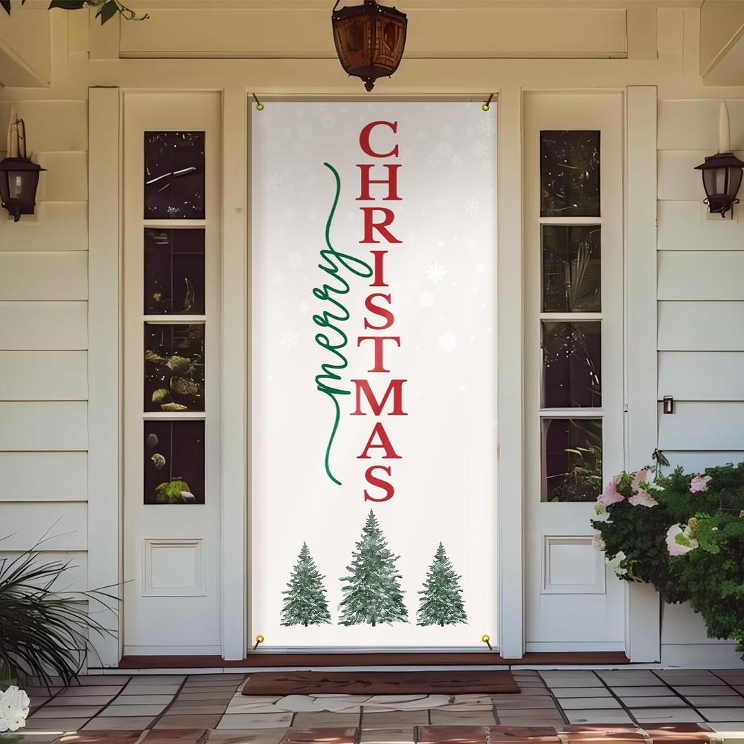 Likjad Merry Christmas Tree Door Cover Decorations, Farmhouse Christmas Tree Xmas Door Covers Banners Photography Background Backdrop for Front Door Porch Home Indoor Outdoor Decoration, 35 * 79 Inch