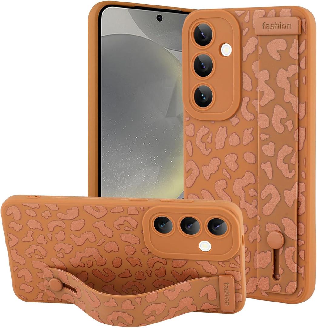 OOK Compatible with Samsung Galaxy S24 Plus Case with Wrist Strap, Leopard Silicone Shockproof Protective Slim Anti-Scratch Cheetah Cover for Women Girls, Brown