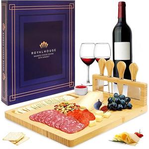 RoyalHouse Bamboo Cheese Board and Knife Set with Magnetic Holder - Serving Tray for Crackers, Meat, and Liquor - Anniversary and Wedding Gift
