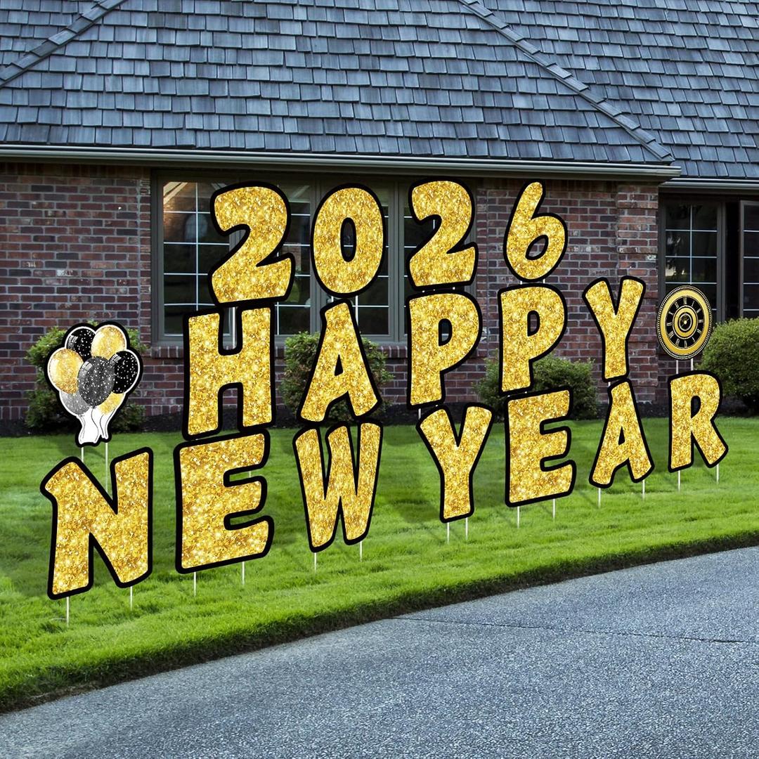 18 Pcs Happy New Year 2026 Yard Signs with Stakes, 16 Inches New Year Outdoor Lawn Signs, 2026 Clock and Balloon Patio Garden Lawn Decorations for Outdoor Garden Patio Eve Party Supplies