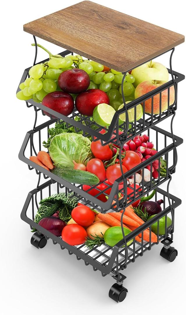 Fruit Basket for Kitchen 4 Tier Stackable Fruit Vegetable Storage Baskets with Wheels Metal Wire Storage Basket Organizer Cart for Kitchen Livingroom Diningroom Office, Black