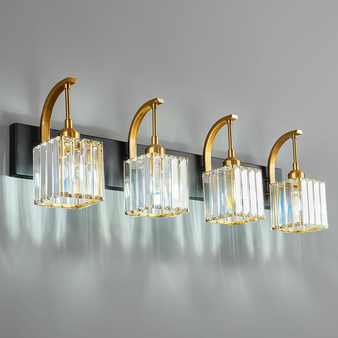Crystal Vanity Lights 4-Light Black Gold Bathroom Vanity Lights Modern Crystal Bathroom Light Fixtures Over Mirror 32.67" Long Vanity Light for Bathroom