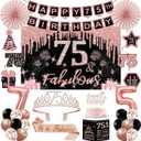 75th Birthday Decorations for Women,32PCS 75th Birthday Party Decorations,Including Backdrop, Crown, Sash, banner, Hanging Swirl,Cake Topper,balloons,Paper Fans,Anniversary Card and paper fans