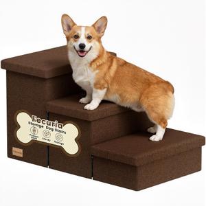 3-Step Wide Dog Stairs with Storage 18" H, Non-Slip Sturdy Pet Steps for High Bed Couch Window, Pet Stairs for Small/Medium/Large Old Dogs Cats Up to 200lbs, Cat Dog Steps for Car/SUV, Coffee