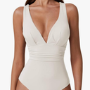 QINSEN Womens Sexy V Neck One Piece Bathing Suit Cross Back Swimsuit High Waist Monokini White XL