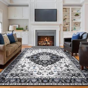 Amearea Vintage Design Area Rugs for Living Room, 6x9 Machine Washable Floral Collection Traditional Bedroom Rug, Low Pile Cute Kids Room Print Carpet, No Slip Office Kitchen Home Decor, Black