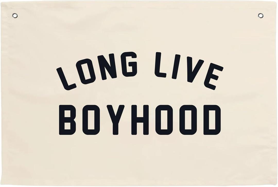 MINI ZOZI Long Live Boyhood Hanging Flag 20X30 Banners Black Canvas Wall Decor Art Sign Boys Room Boy Bedroom Banner Toddler Playroom Baby Kids Nursery Fabric Flags Tapestry