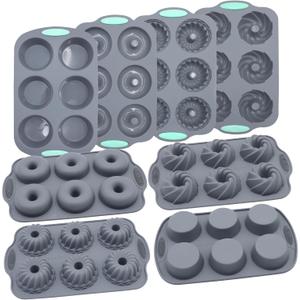 Tongjude 8 Pieces Silicone Donut Pans, Nonstick Silicone Muffin Pans, Heat Resistant Kitchen Oven Baking Cups, Dishwasher Safe and Microwave Safe, Grey (8 Pcs Bakeware Sets)