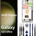 OLED for Samsung Galaxy S23 Ultra Screen Replacement S23ultra 5G S918U S918B/DS S918U1 S918W S918E LCD Display Touch Screen Digitizer Assembly Support Fingerprint and S-Pen (with White Frame+Tools)