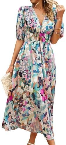 UONBOX Women's V Neck Floral Dress Summer 2025 Trendy Pleated Boho Flowy Puff Sleeve Maxi Dress L