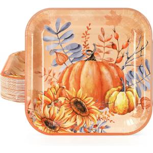 Homlouue Fall Pumpkin & Sunflower Plates - 50PCS 9 Inch Square Heavy Duty Disposable Thanksgiving Paper Plates for Fall Theme Dinner Party Decoration