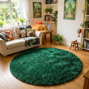 Amdrebio Dark Green Fluffy Round Rugs 5Ft for Bedroom, Thick Floor Circle Rug for Kids, Teens Room Decor, Furry Shag Area Rug for Living Room, Baby Nursery, Dorm, Fuzzy Plush Fur Emerald Green Carpet