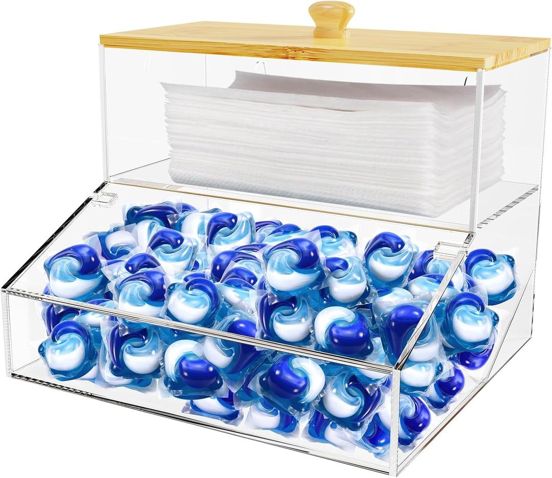 JYPS 2-in-1 Laundry Organizer with Large Capacity: Double-Layer Transparent Acrylic Storage Box with Bamboo Lid for Pods, Dryer Sheets & Supplies
