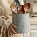 famiware Ocean Utensil Holder, 7.2"+5.8" Ceramic Kitchen Utensil Holder for Countertop, 2 Pieces Cooking Utensil Crocks, Utensil Organizer for Spatula & Spoon, Kitchen Decor, Set of 2, Gray