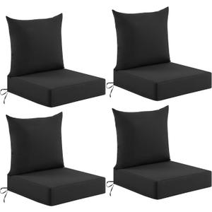 Deep Seat Patio Cushions Set of 4, 24x24x5.75 Inch, Waterproof Outdoor Chair Cushions, Fade Resistant Patio Furniture Cushions with Ties for Couch, Sofa, Lawn, Outside, Black, 24*24+5.75/25*22.5 inch