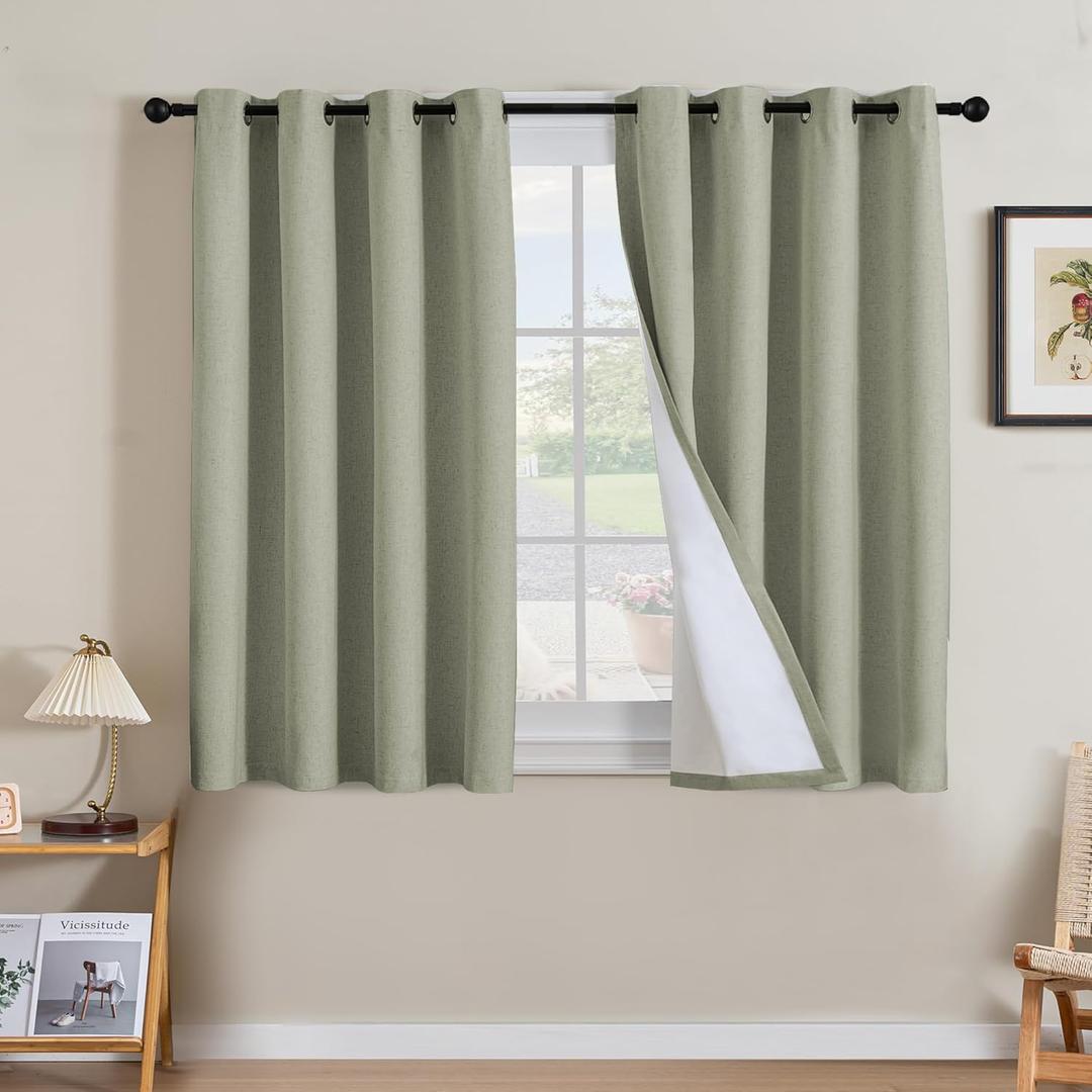 H.VERSAILTEX Linen Curtains 100% Blackout Curtains for Bedroom 45 inch Long Full Light Blocking Nature Linen Blended Window Curtains for Living Room Nickel Grommet (2 Panels, Heathered Tea)