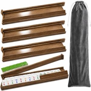 4PCS Acacia Mahjong Racks with Pushers, 19.7 In Natural Wooden American Mahjong Tile Rack, Magnetic Mah Jongg Racks for Mexican Train/Dominoes, Table Game Nights, Mah Jong Accessories with Storage Bag