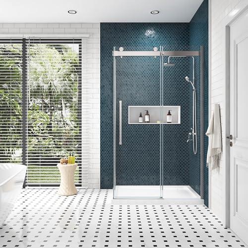 OVE Decors Bel 48-in W x 81-in H Framless Sliding Shower Door Corner Shower Kit, Shower Base and Side Panel Included in Satin Nickel