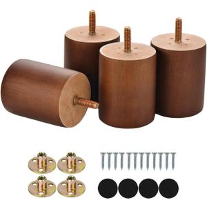 Maricome 3 in Wooden Legs Set of 4, Solid Round Wood Replacement Feet Predrilled M8 BoltSuitable for Sofa Couch Dresser Ottoman Cabinets Chair Screw in, 3 Inch Walnut