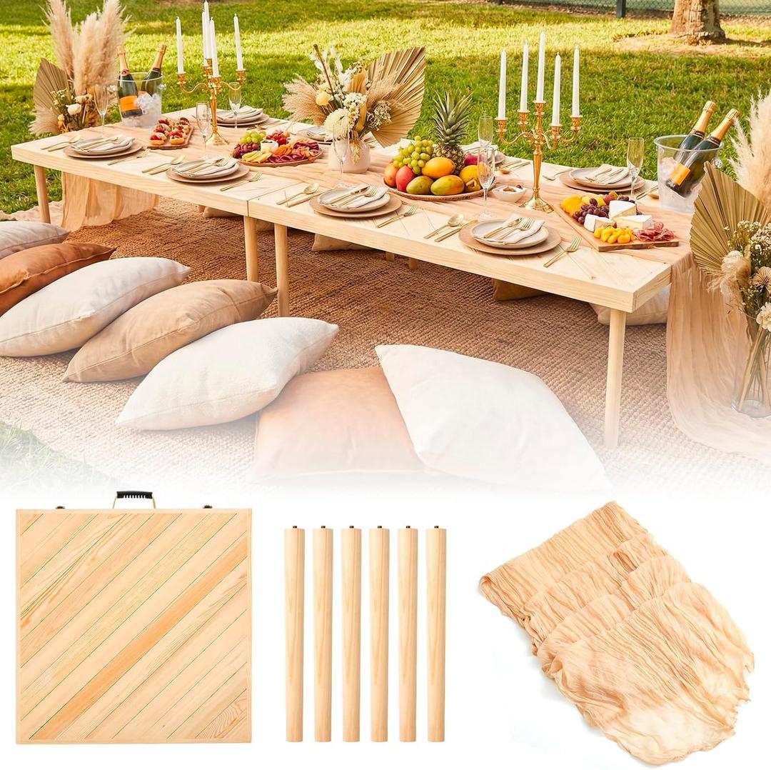 Sintuff Boho Table Low Folding Picnic Table Beach Portable Low Wood Floor Event Foldable Tables for Garden Wedding Party Camping Picnics with Runner Set(Natural Wood,30 x 60 Inches,Diagonal Stripe)