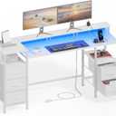 55 Inch Computer Gaming Desk with Power Outlets & LED Lights Reversible Home Office with Adjustable Fabric Storage Drawers for Working Writing Study White