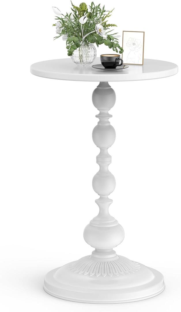 Side Table - Small Round Metal Accent Table for Living Room, Bedroom, Office - Modern Matte Black Pedestal Coffee Table for Small Spaces - 21" Height, Compact Drink Table for Sofa, Corners (White)