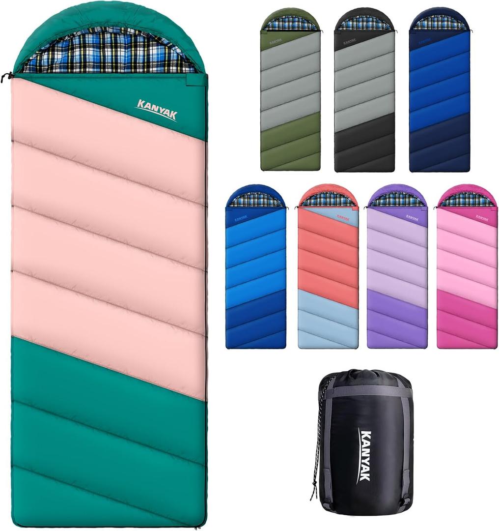 Cotton Flannel Lined Sleeping Bag for Adults Teens Kids, Cold Weather & Warm, 3 Seasons, Lightweight Compact Camping Essentials Equipment, Hiking, Outdoor, Travel (Green Pink)