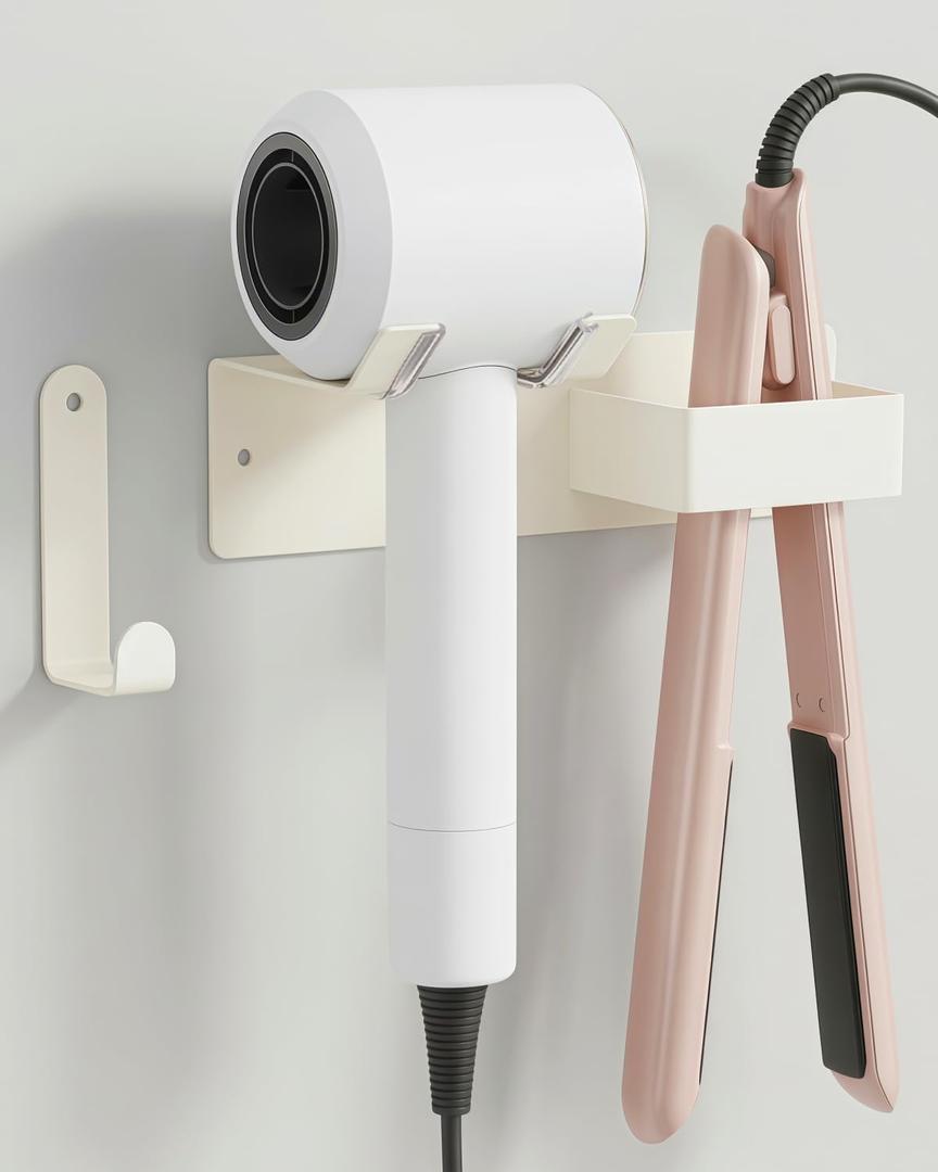 Hair Dryer and Straightener Holder, Upgraded Hair Straightener Holder with Cable Hook, Stainless Steel Universal Hair Dryer Wall Mount Waterproof for Bathroom Space-Saving White