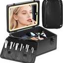 CHENGLIN Makeup Case with Lighted Mirror – Waterproof Travel Train Case, Cosmetic Organizer with Adjustable Dividers, Magnetic LED Mirror, Portable Makeup Suitcase for Women, Black