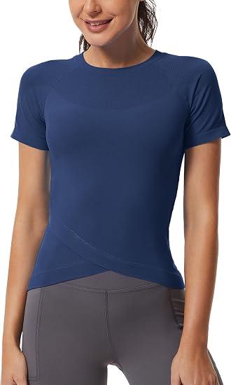 MathCat Workout Shirts for Women, Workout Tops for Women Short Sleeve, Cross Hem Compression Shirts, Athletic Running Yoga Gym Tops Navy, Small