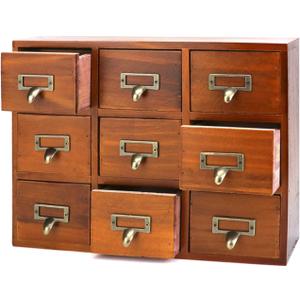 QWORK Desk Drawer Organizer, Wooden Vintage Apothecary Cabinet with 9 Drawers, Home Office & Tea & Dresser Bedroom Organization and Storage, Traditional Apothecary Cabinet (Brown)