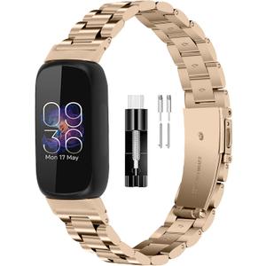 FitTurn Bands Compatible with Fitbit inspire 3 Metal Stainless Steel Watch Band Replacement Classic Durable Solid Link Accessory Buckle Metal Strap Wrist Band for inspire 3 Fitness Wellness Tracker (Champagne)