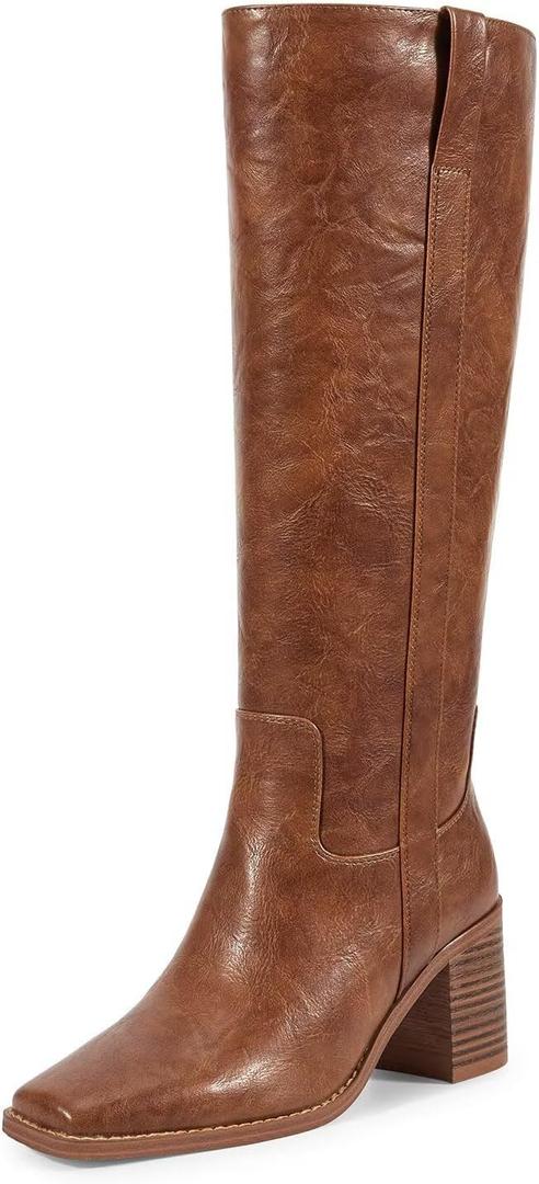 ISNOM Knee High Boots Women Chunky Low Heel Square Toe Elastic Boots Side Zipper Faux Leather Fall Long Tall Boot (6, A-reddish Brown)