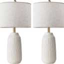 23 Inch Ceramic Table Lamp Set of 2, 3-Way Dimmable Bedside Lamps with Linen Shade for Bedroom Farmhouse, White Nightstand Lamps for Living Room Office, Polished Finish, LED Bulb Included