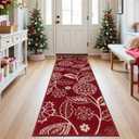 2x6 Washable Christmas Runner Rug with Non Slip Backing, Absorbent & Dirt-Trapping, Red and White High-Low Textured Floral Hallway Carpet for Kitchens, Laundry Rooms, Bathrooms, Entryways