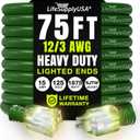 75ft Outdoor/Indoor Extension Cord 10/3 Gauge Ultra Heavy Duty 3 Prong SJTW, Waterproof, Flexible Cold-Resistant Long Power Cord,125 Amp 1875W, Black by LifeSupplyUSA (75 FT, Green),  10 Gauge (ULTRA HEAVY DUTY)