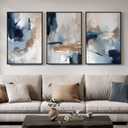 Large Framed Blue and Neutral Abstract Wall Art for Living Room, 3 Piece Modern Canvas Prints Paintings Artwork for Walls, Minimalist Pictures for Bedroom Dining Room Hallway Wall Decor 24x36 Inch, 24" W x 36" H x 3Pcs