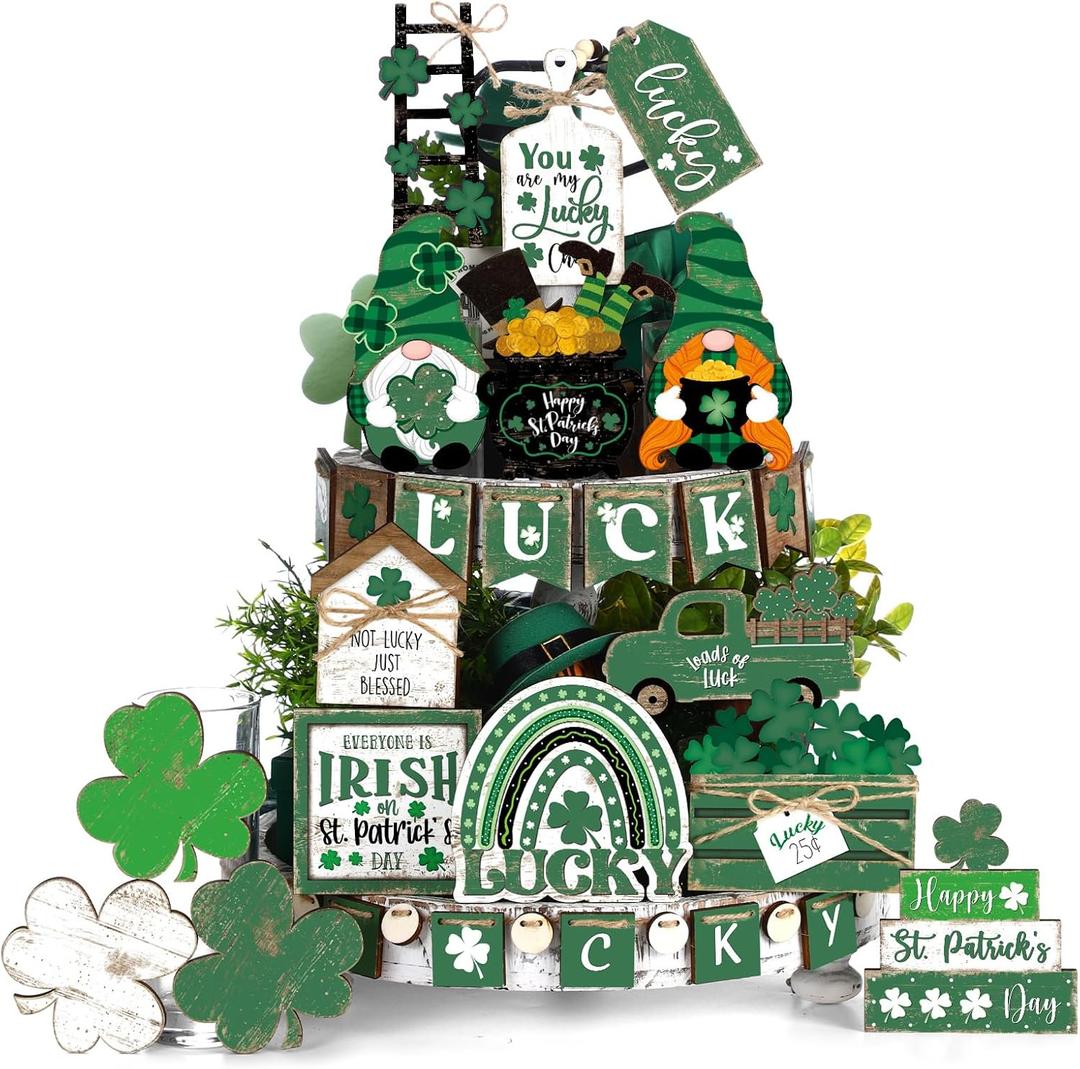 Wesiti 22 Pcs St. Patrick's Day Tiered Tray Decorations Cute Farmhouse Ireland Lucky Clover Truck Wooden Table Sign St. Patrick's Day Table Decoration for Home Decor Party Gift