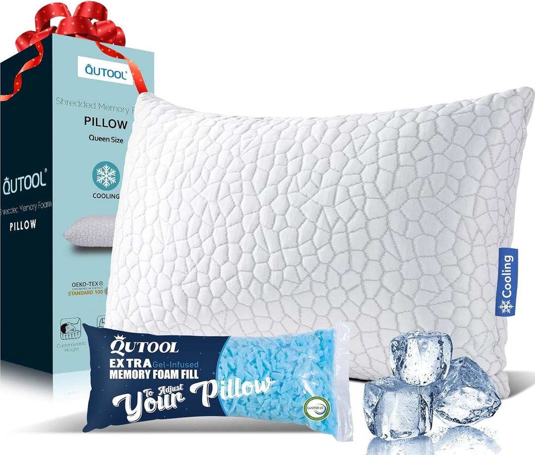 QUTOOL Shredded Memory Foam Pillows for Sleeping Queen Size, Cooling Gel Pillows for Hot Sleepers Adjustable Bed Pillow for Side and Back Sleeper, Breathable, Neck Support, White, Gift for Women Men (Queen(1 Pack)-20'*30')