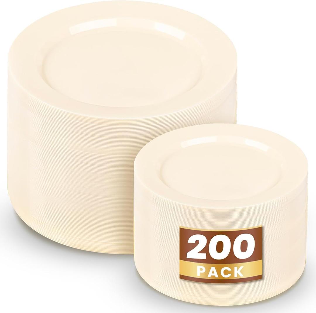 WDF 200PCS Ivory Plastic Plates - Elegant Ivory Disposable Plates for Party- Include 100 Dinner Plate 10inch and 100 Plastic Dessert Plate 7inch Perfect for Party/Baby Shower/Wedding/Birthday