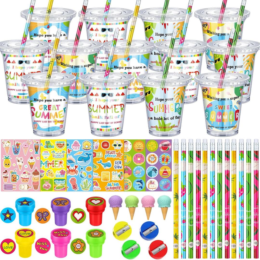 24 Set End of Year Students Gift from Teacher Bulk Summer Pencil Sharpener Eraser Stamp Sticker Card Plastic Cup with Lid Cute Class Gifts for Students Graduation School Classroom Prizes