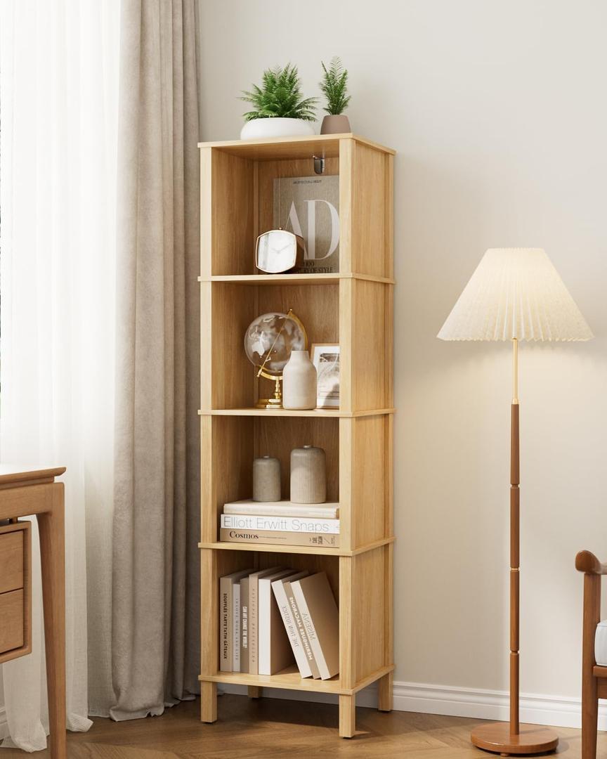 Book Shelf, Modern 4-Tier Bookcase, Open Storage Bookshelf, 11 14.2 50.4 Inches, Small Narrow Bookshelves for Living Room, Home Office, Bedroom, Natural